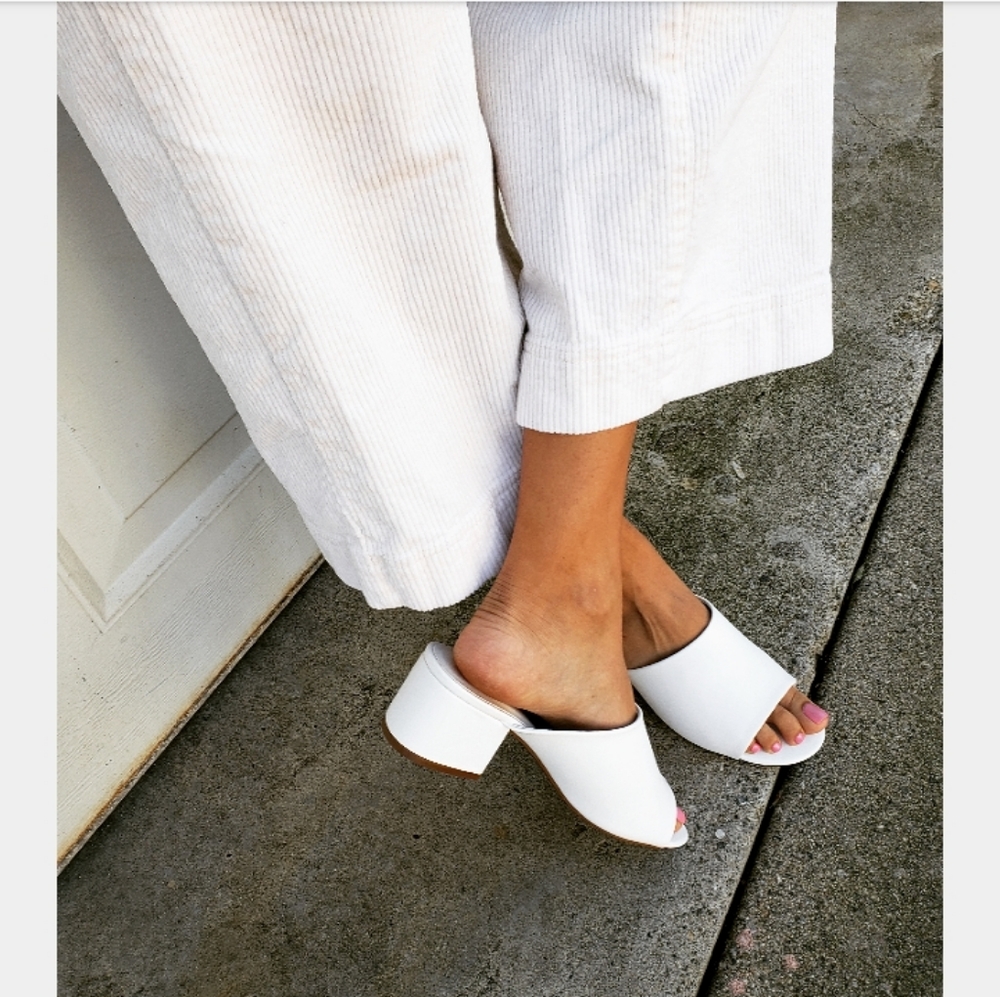White Open-Toe Block Heel Mules